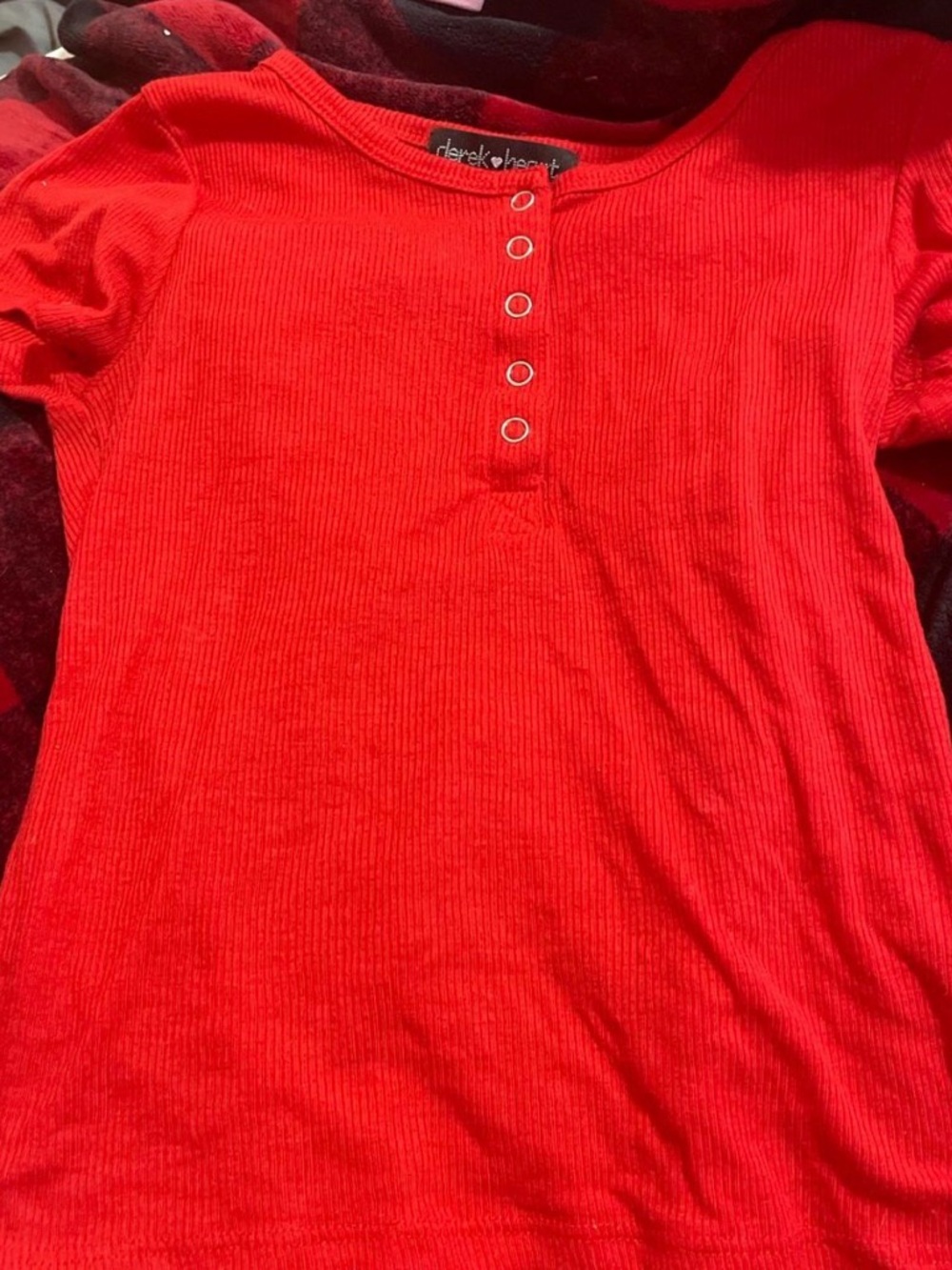 Derek Heart Bright Red Ribbed Henley Short Sleeve Tee